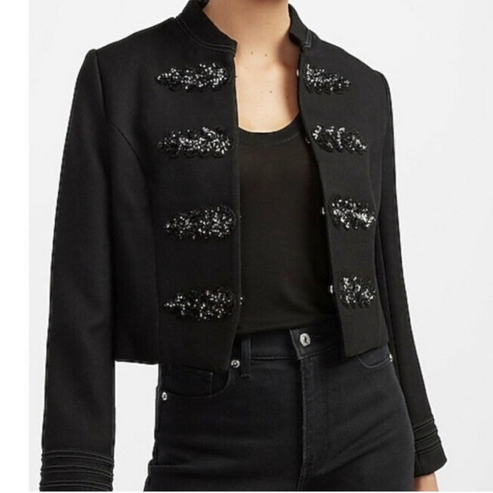 Express Black Embellished Sequin Military Jacket